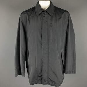 HUGO BOSS 46 Black Solid Cotton  Nylon Zip & Snaps Long Coat